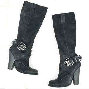 ANTIK DENIM black textured suede boots harness 6